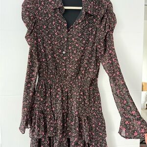 Aakaa Black Long-Sleeve Tiered Dress with Pink Floral Print